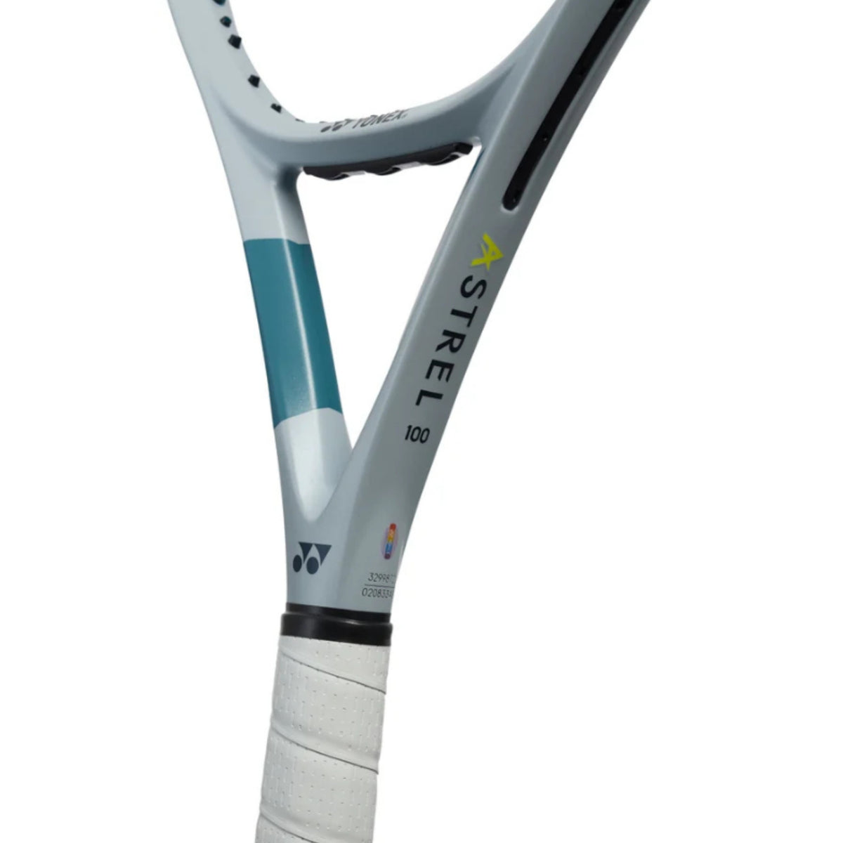 Close-up of a tennis racket with 'Yonex' branding on a white background