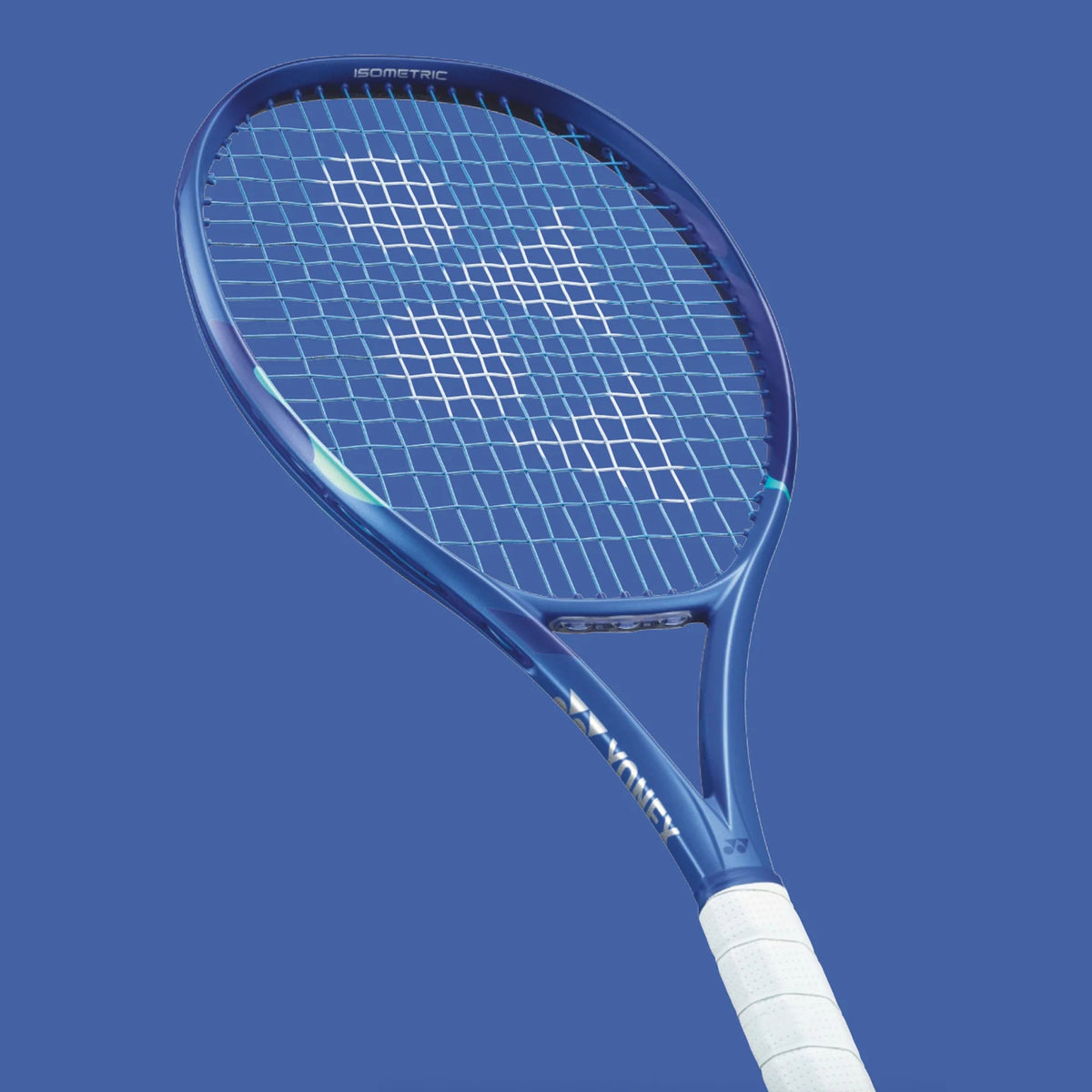 Blue tennis racket on a blue background