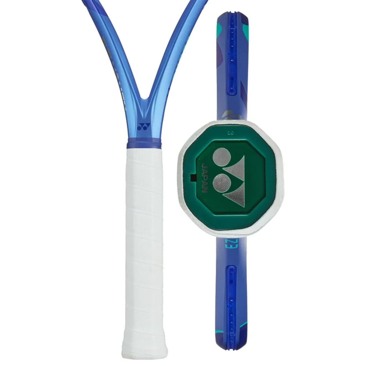 Tennis racket with blue and white design on a white background