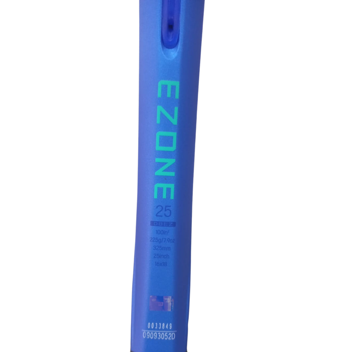 Blue tennis racket with 'EZONE' branding on a white background