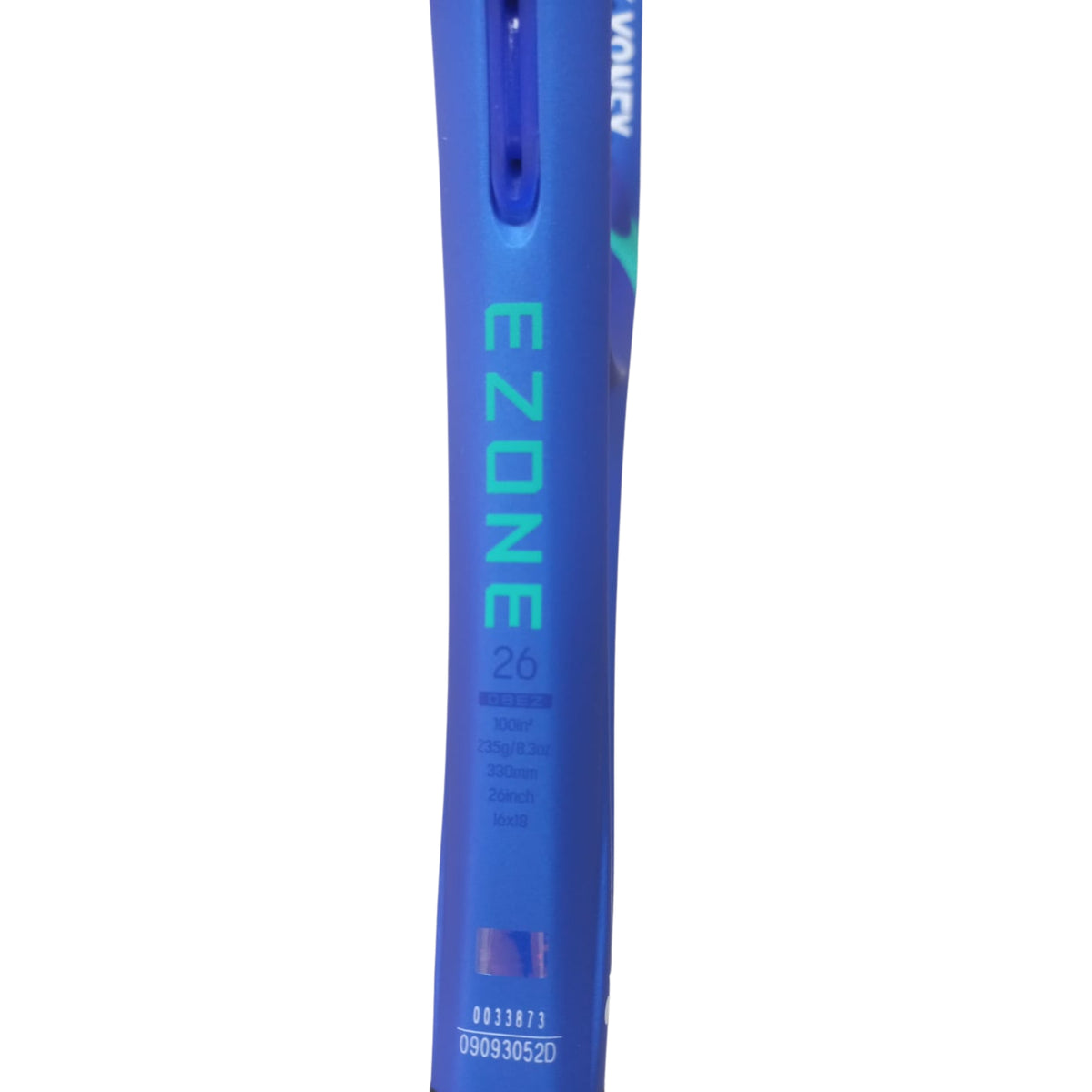 Blue tennis racket with 'E-Zone' branding on a white background