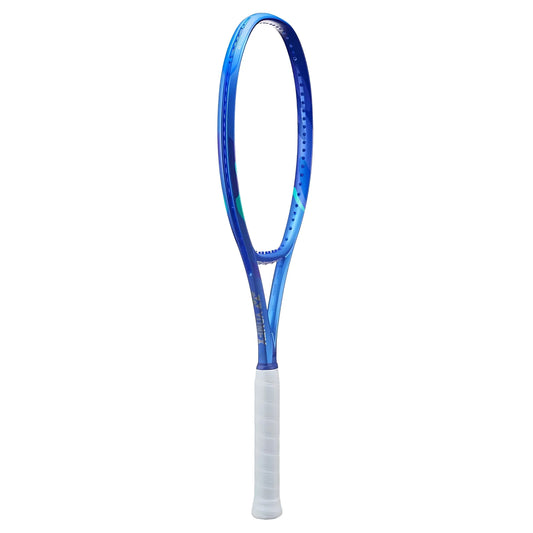 Blue Yonex tennis racket with a white handle on a white background