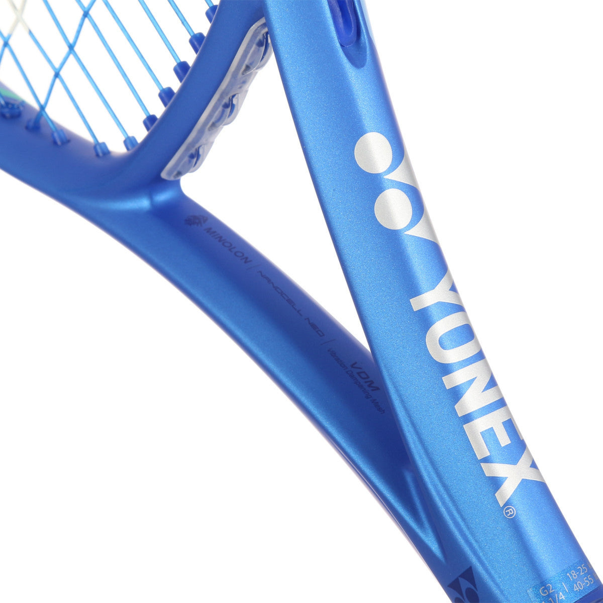 Close-up of a blue tennis racket with 'Yonex' branding on a white background