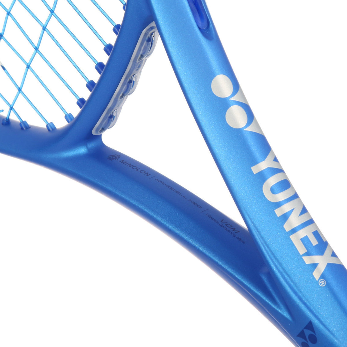 Close-up of a blue tennis racket with Yonex branding on a white background