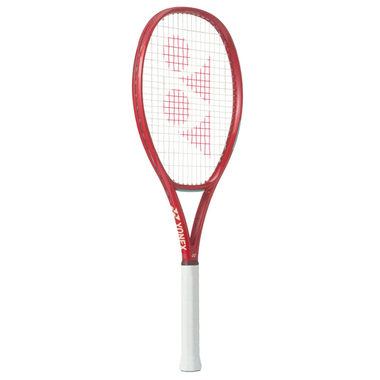 Red and white Yonex tennis racket on a white background