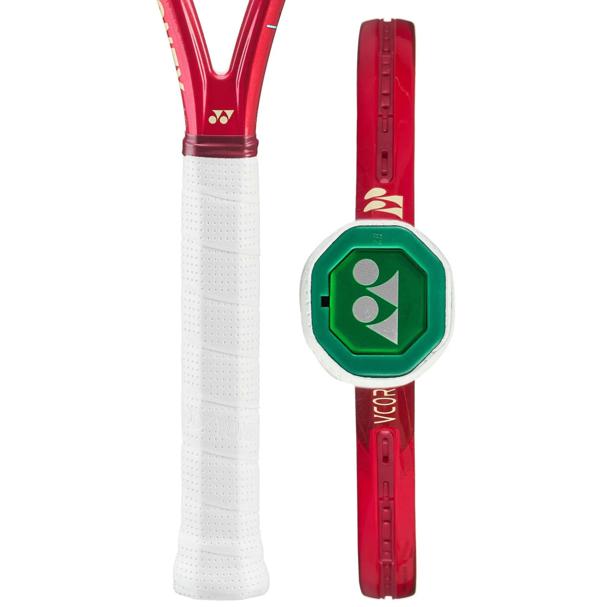 Red tennis racket with white grip and green Yonex logo on a white background