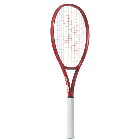 Red and white Yonex tennis racket on a white background