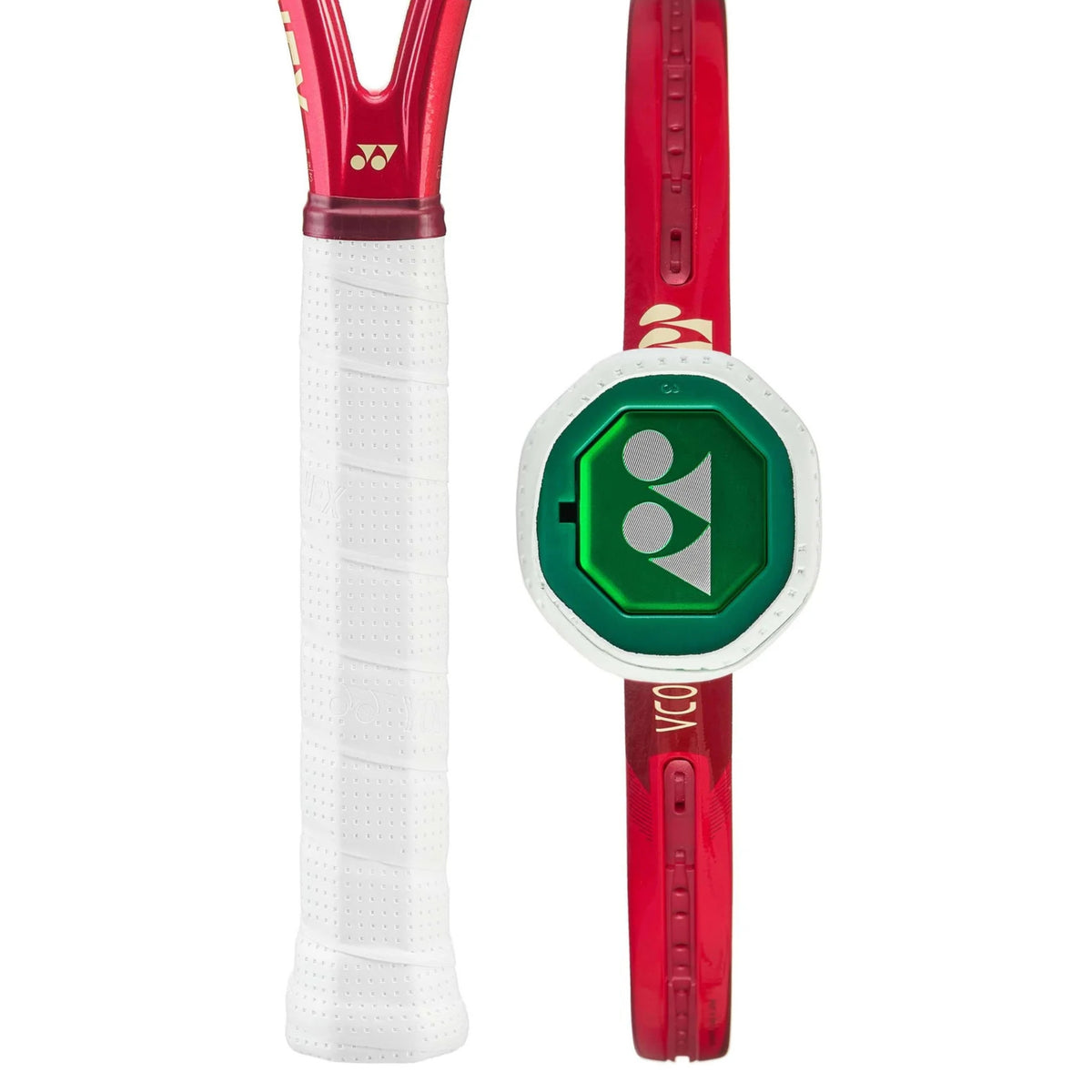 Red tennis racket with a green and white logo on a white background