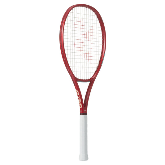 Red and white Yonex tennis racket on a white background