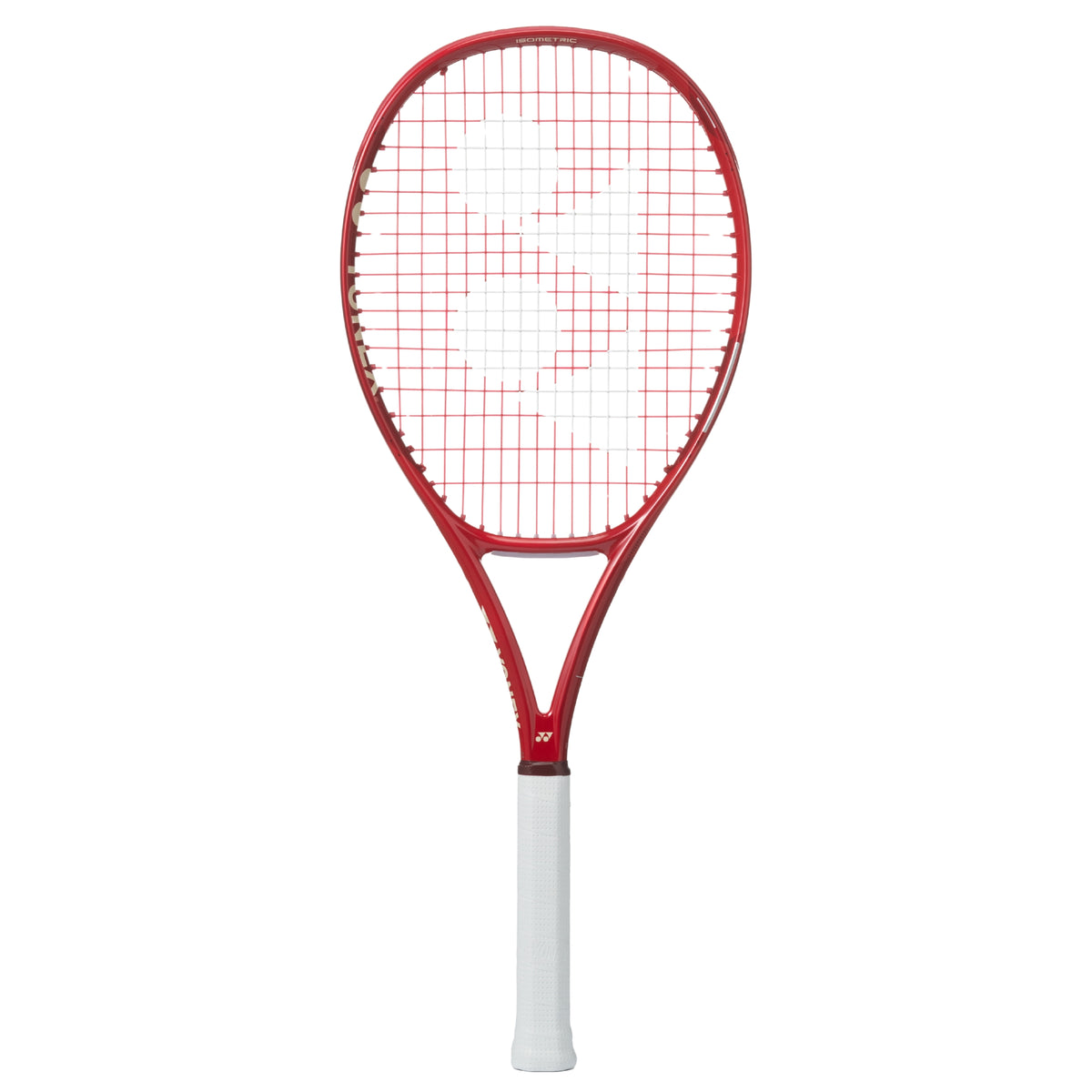 Yonex Red tennis racket with white handle on a white background