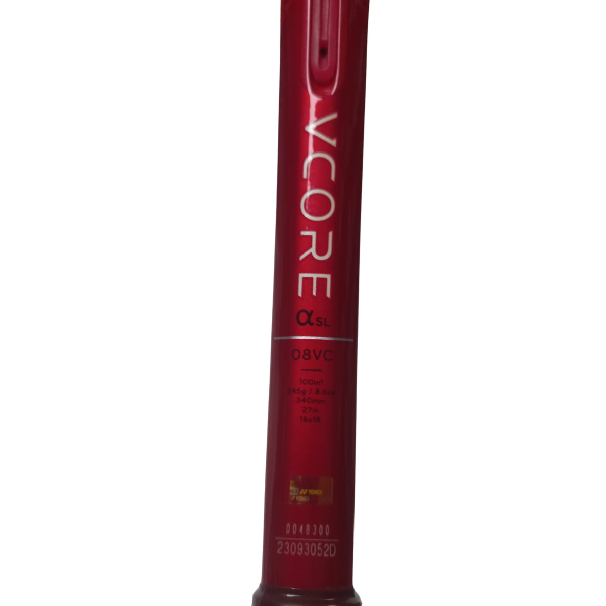 Red tennis racket with 'Vcore' branding on a white background