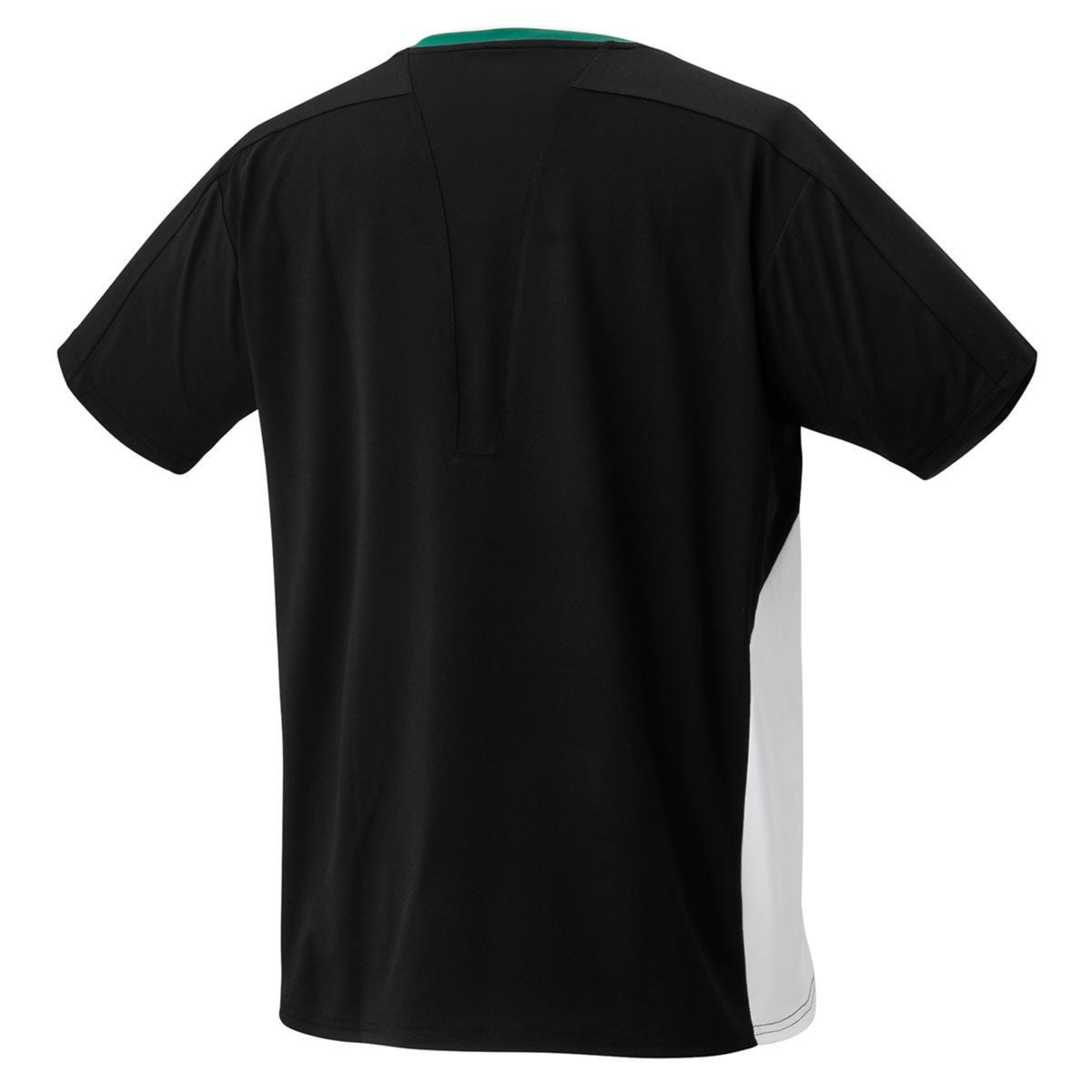 Black shirt with green and white accents on a white background