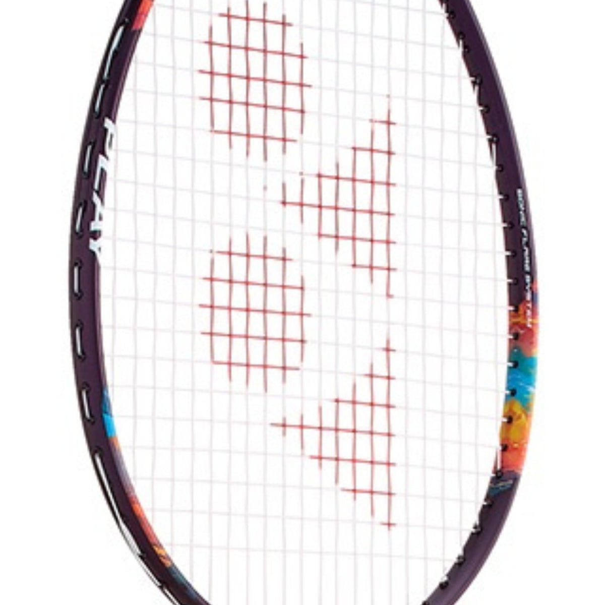 Badminton racket with colorful frame and white strings on a white background
