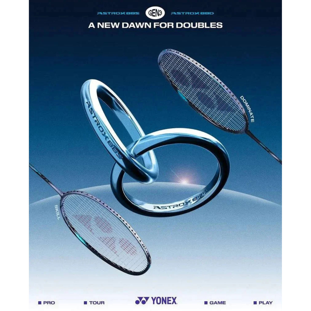 Yonex badminton rackets with 'A New Dawn for Doubles' text on a blue gradient background