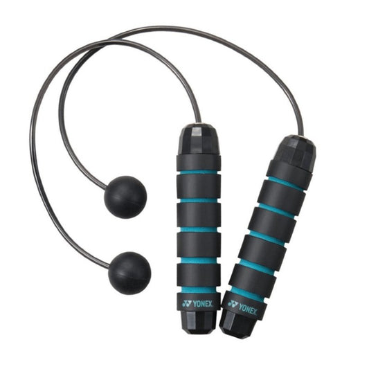 Black and blue Yonex jump rope on a white background