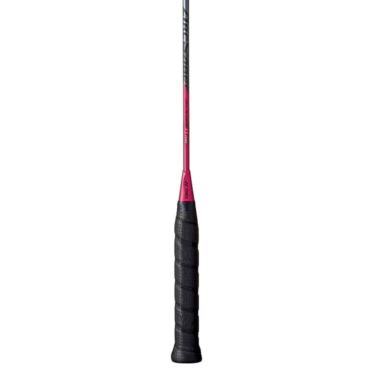 Black and pink badminton racket handle on a white background