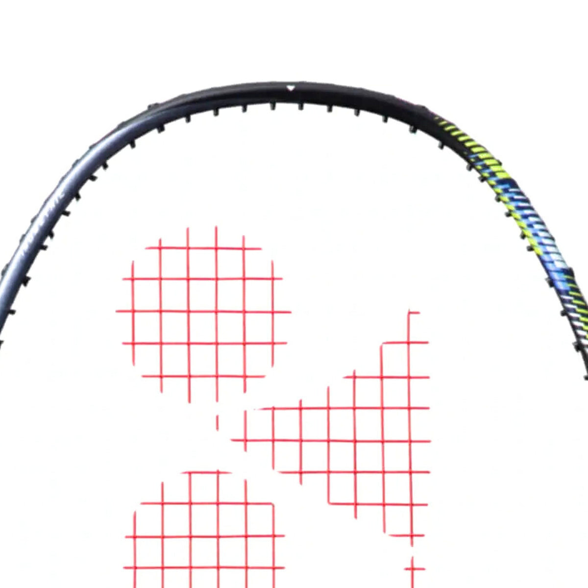 Close-up of a badminton racket with a white background