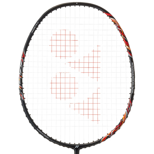Close-up of a badminton racket with a white background