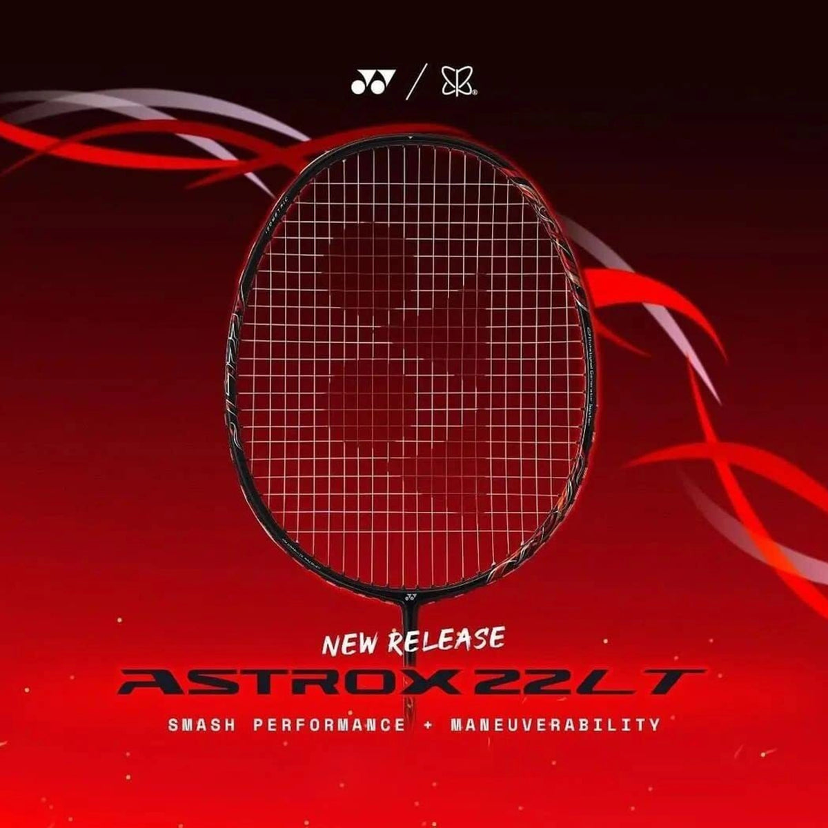 Badminton racket with 'Astrox 22LT' branding on a red and black background
