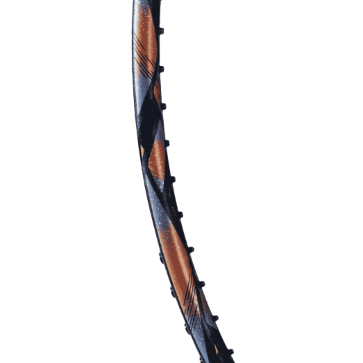 Close-up of a badminton racket frame with a white background