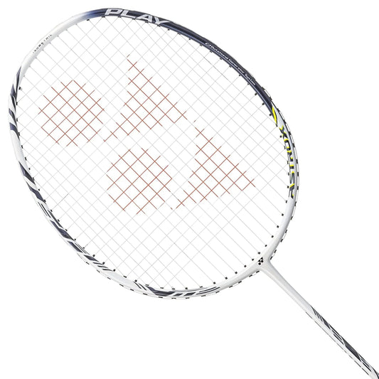 Badminton racket with a white strings pattern on a white background