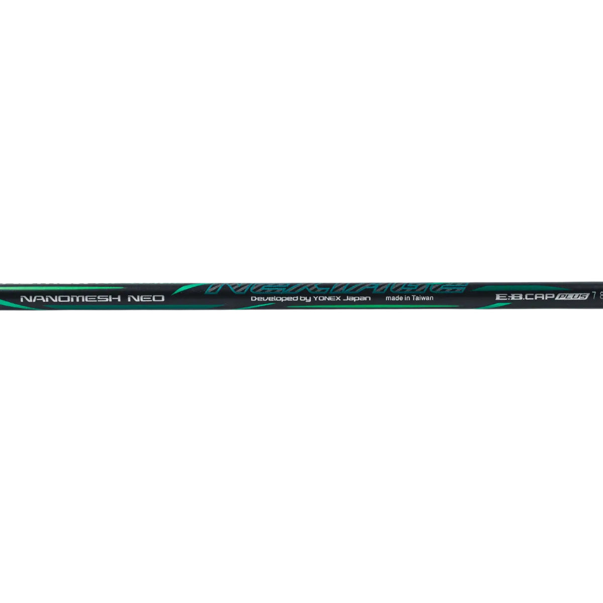 Badminton racket shaft with branding on a white background