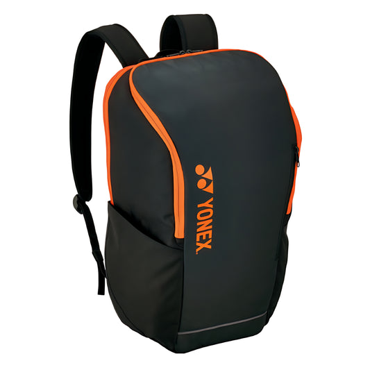 Black backpack with orange accents and Yonex logo on a white background