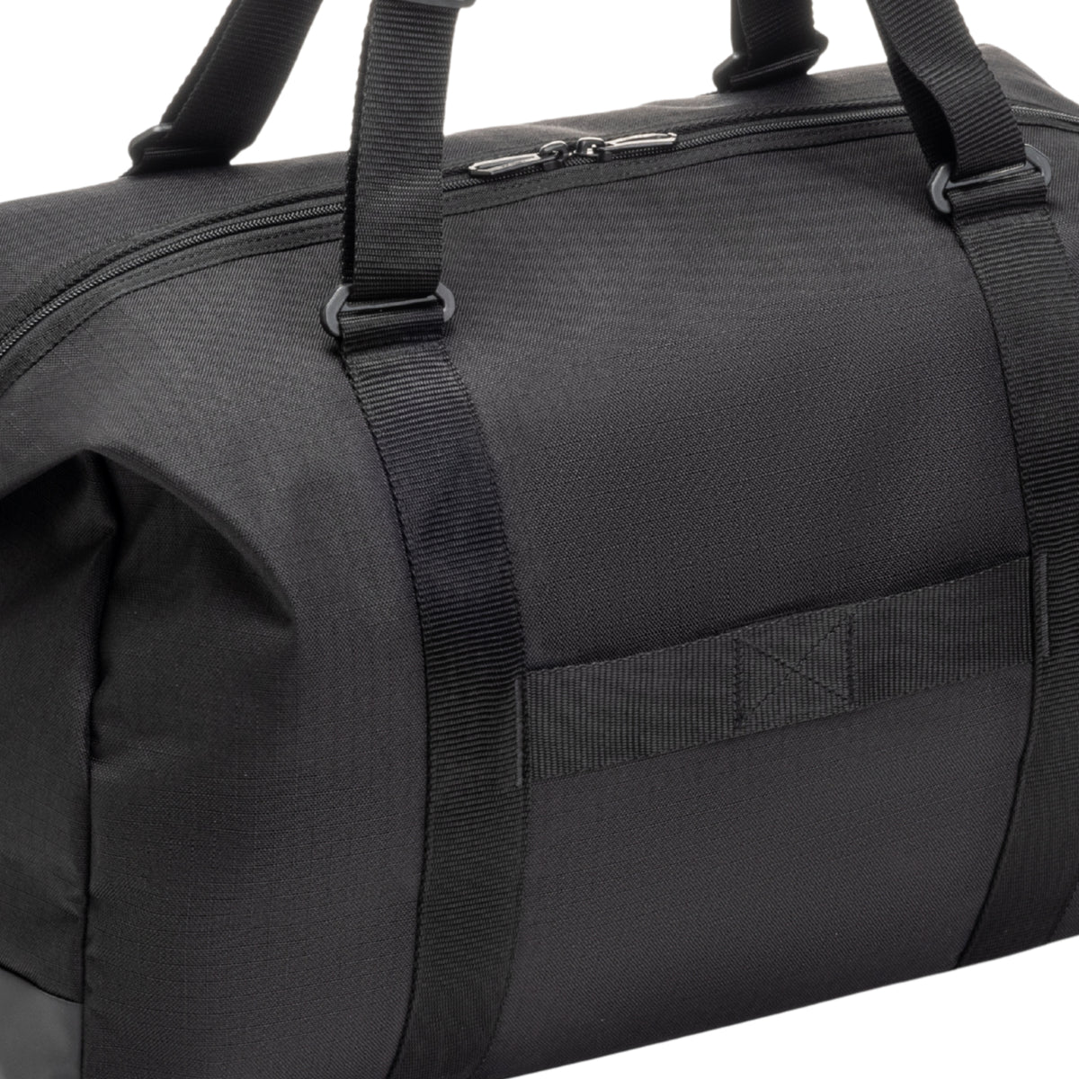 Black duffel bag with straps on a white background