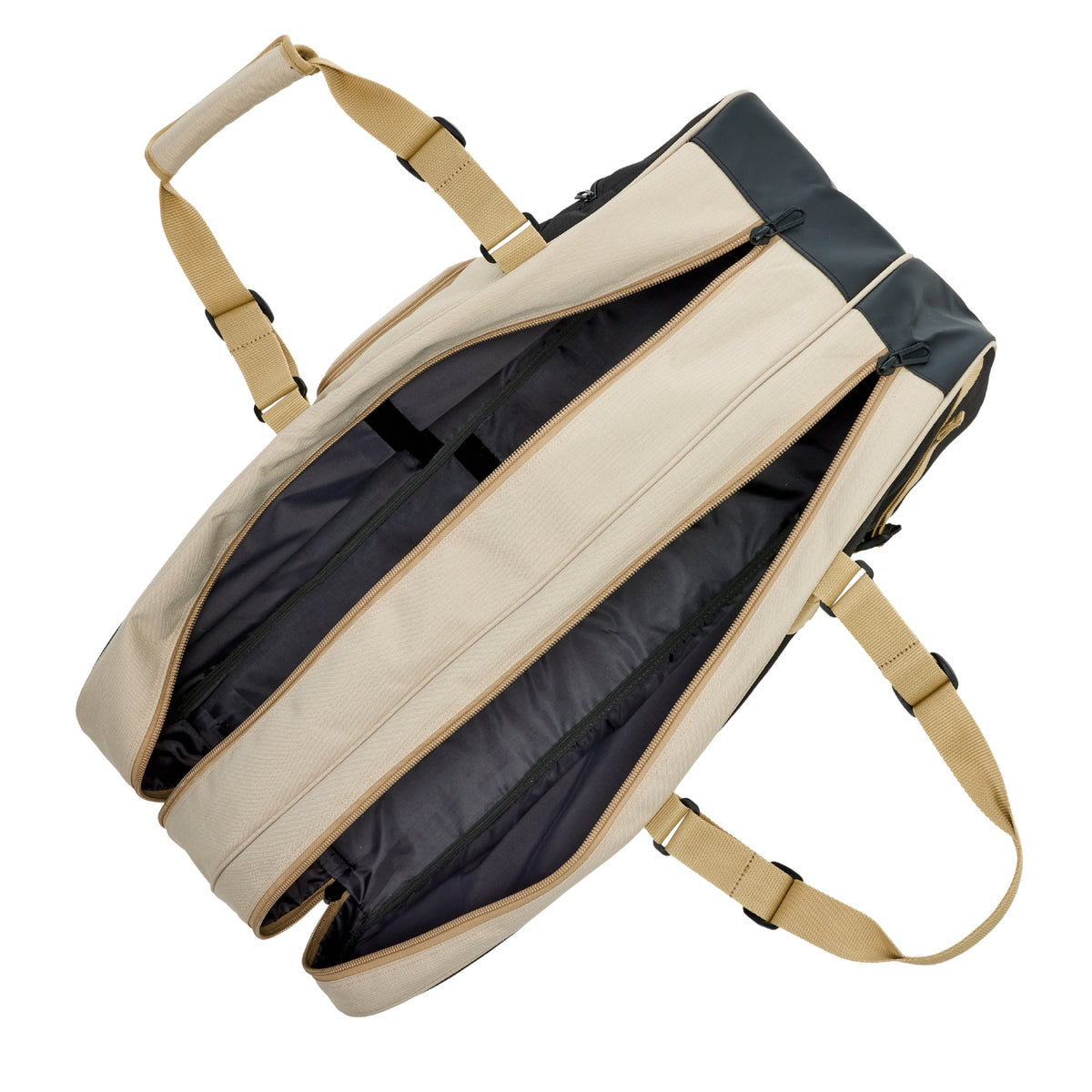Beige and black tennis bag with straps on a white background