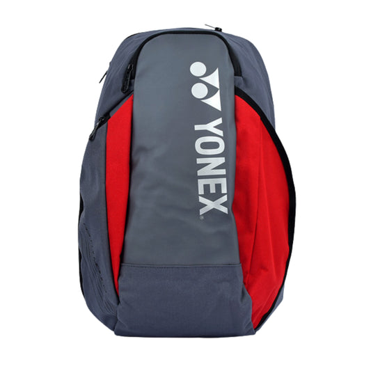 Gray and red backpack with Yonex logo on a white background