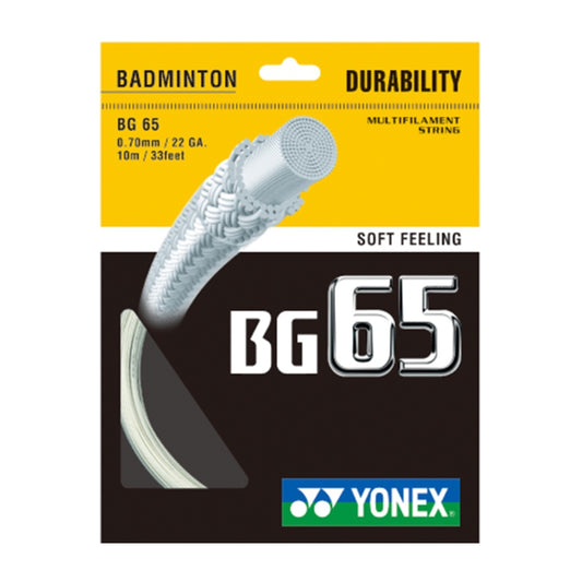 Yonex BG 65 badminton string package with yellow and black label