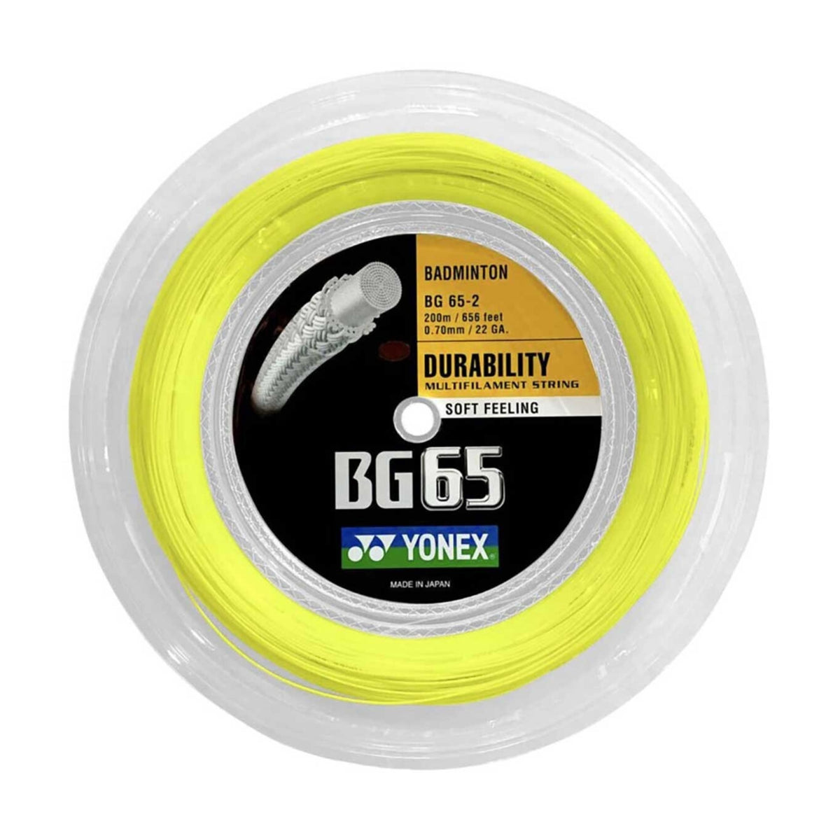 Yonex BG65 badminton string reel on a white background