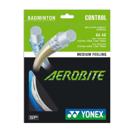Yonex Aerobite badminton string packaging with green and black design