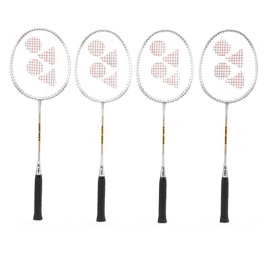 Four Yonex badminton rackets with black handles on a white background