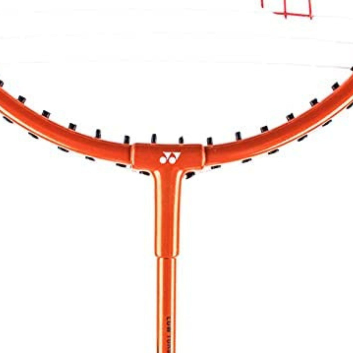 Close-up of an orange badminton racket with a white background