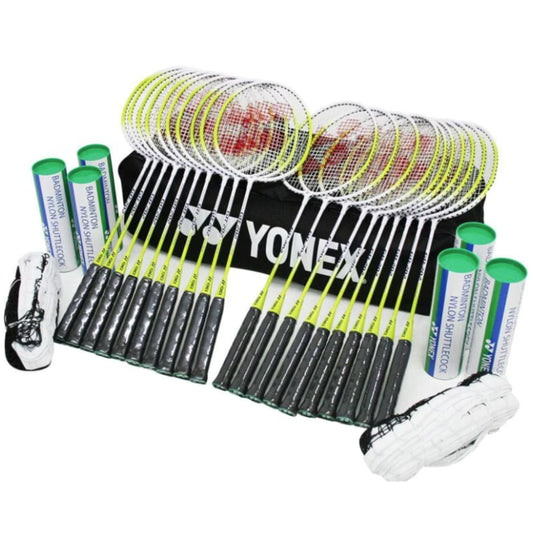 Yonex badminton racket set with rackets, strings, and a bag on a white background