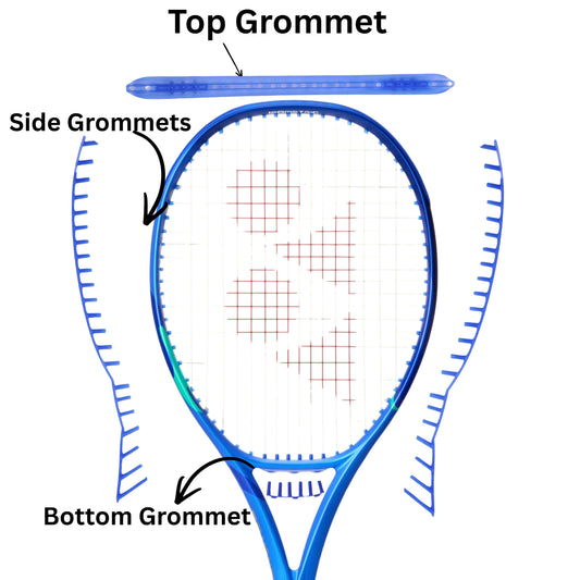 Diagram of a tennis racket with labeled grommets on a white background