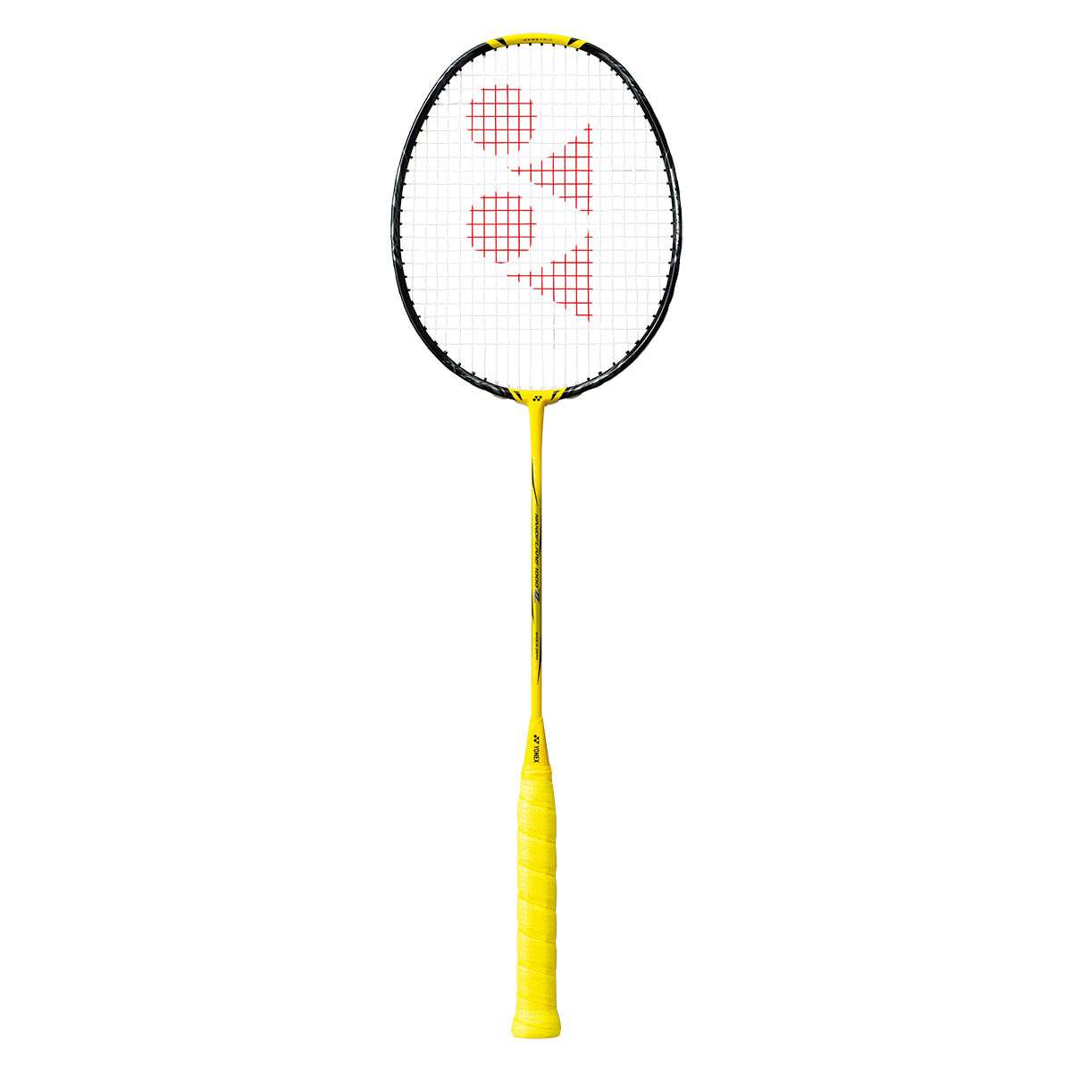 Badminton racket with a white strings and yellow frame on a white background
