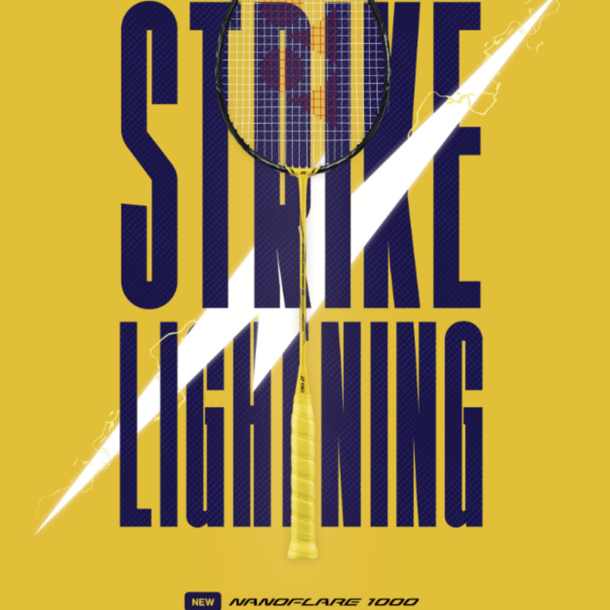 Badminton racket with 'STRIKE LIGHTNING' text on a yellow background