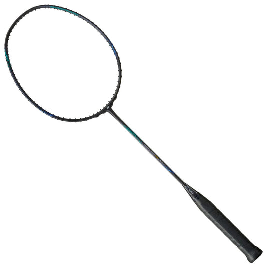 Black badminton racket on a white background