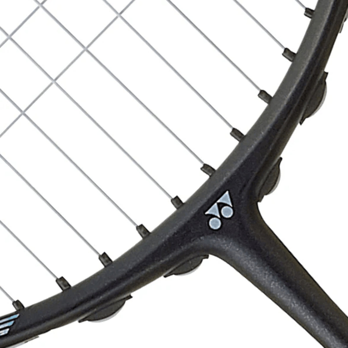 Close-up of a badminton racket with a white background