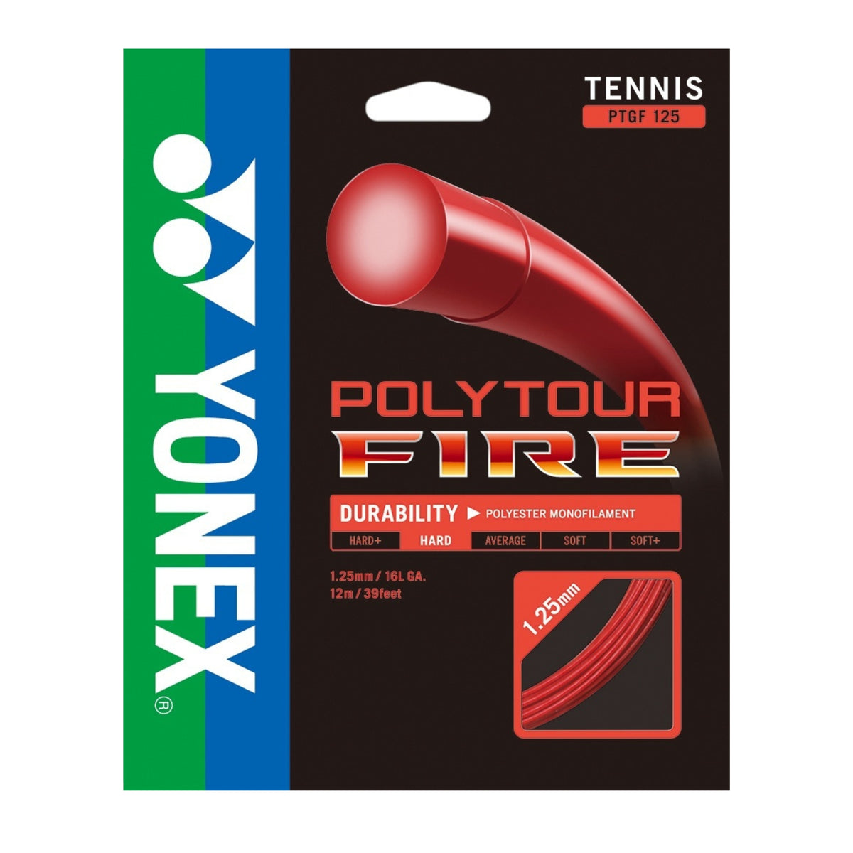 Yonex PolyTour Fire tennis string package on a white background