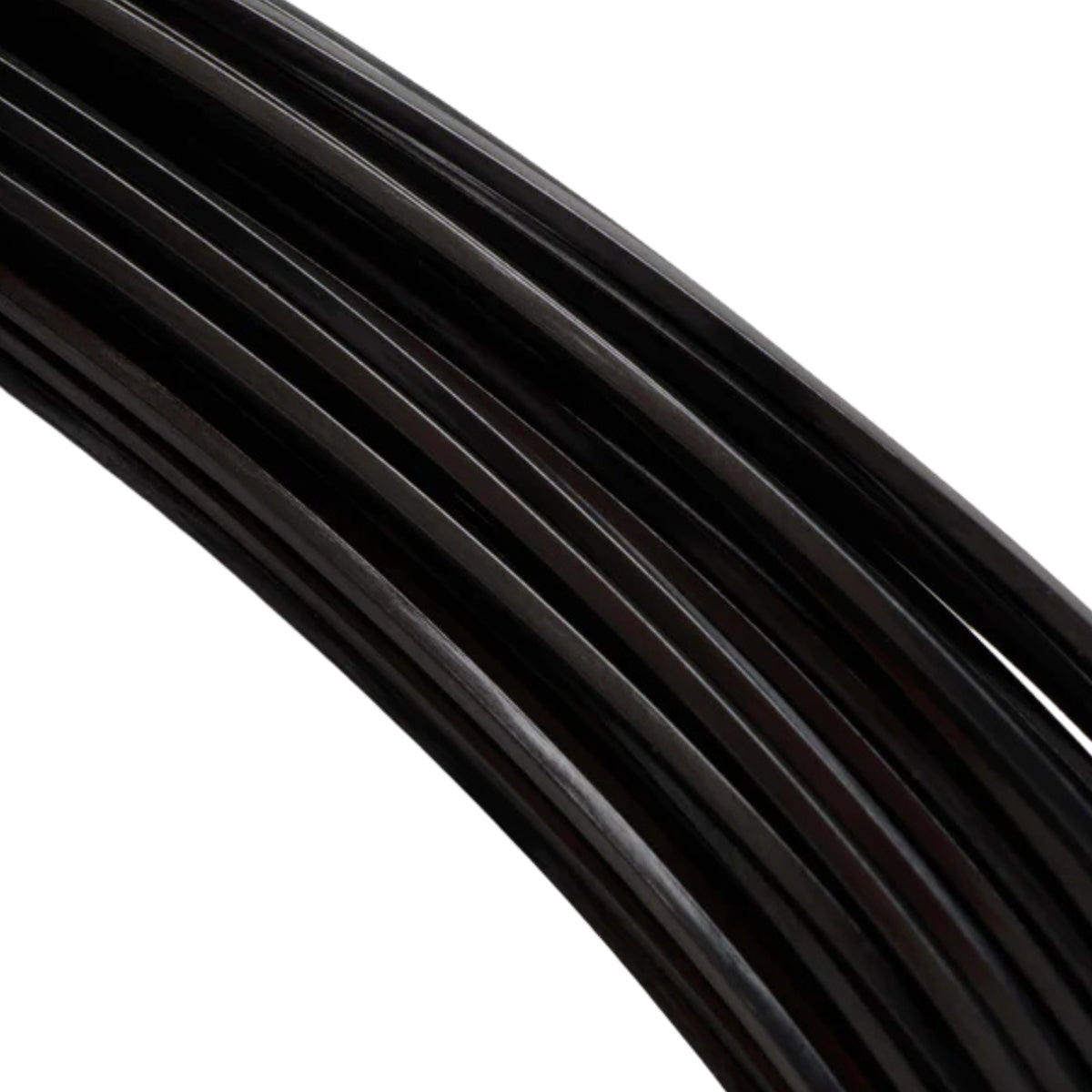 Close-up of a black tennis string reel with branding on a white background