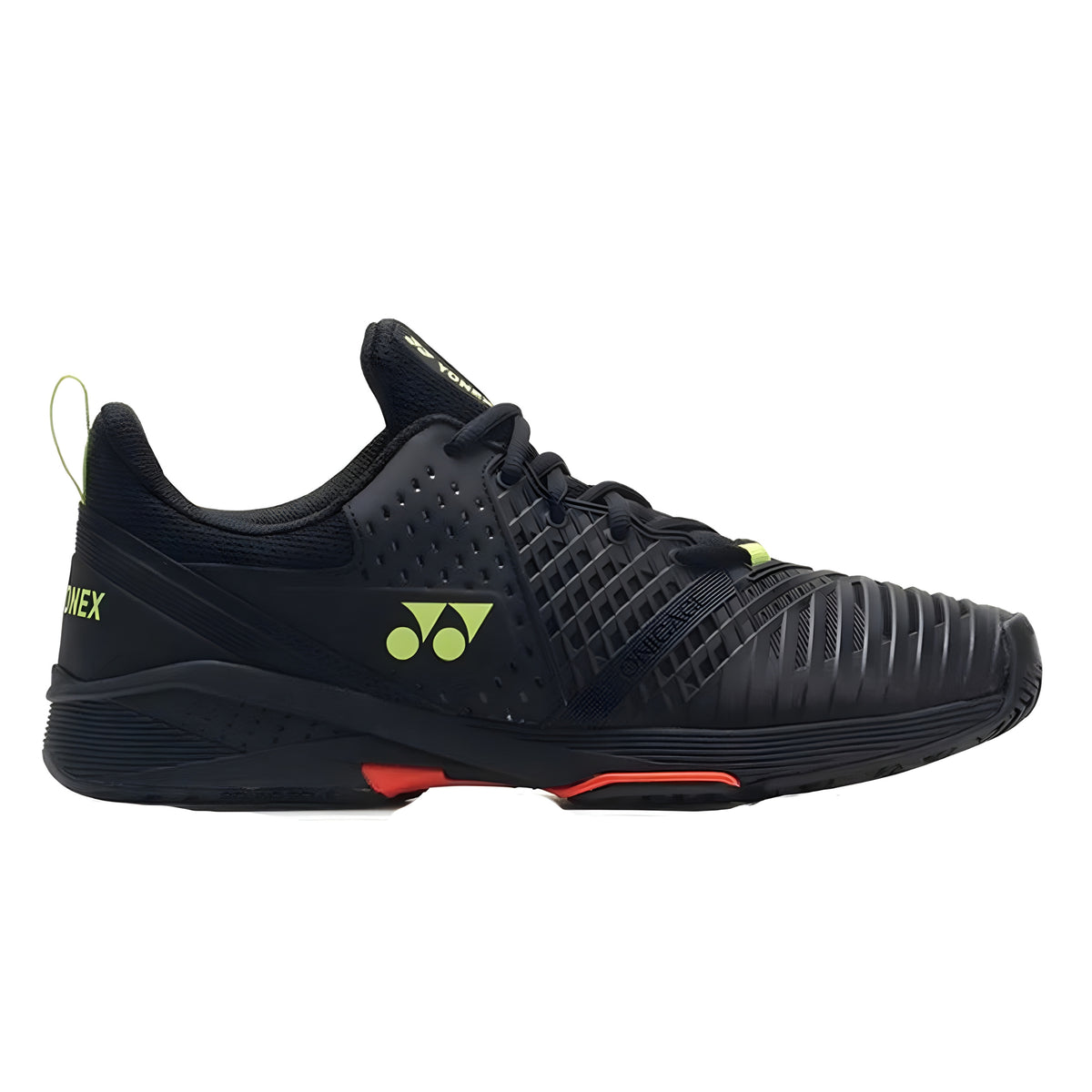 Black Yonex tennis shoe with brand logo on a white background