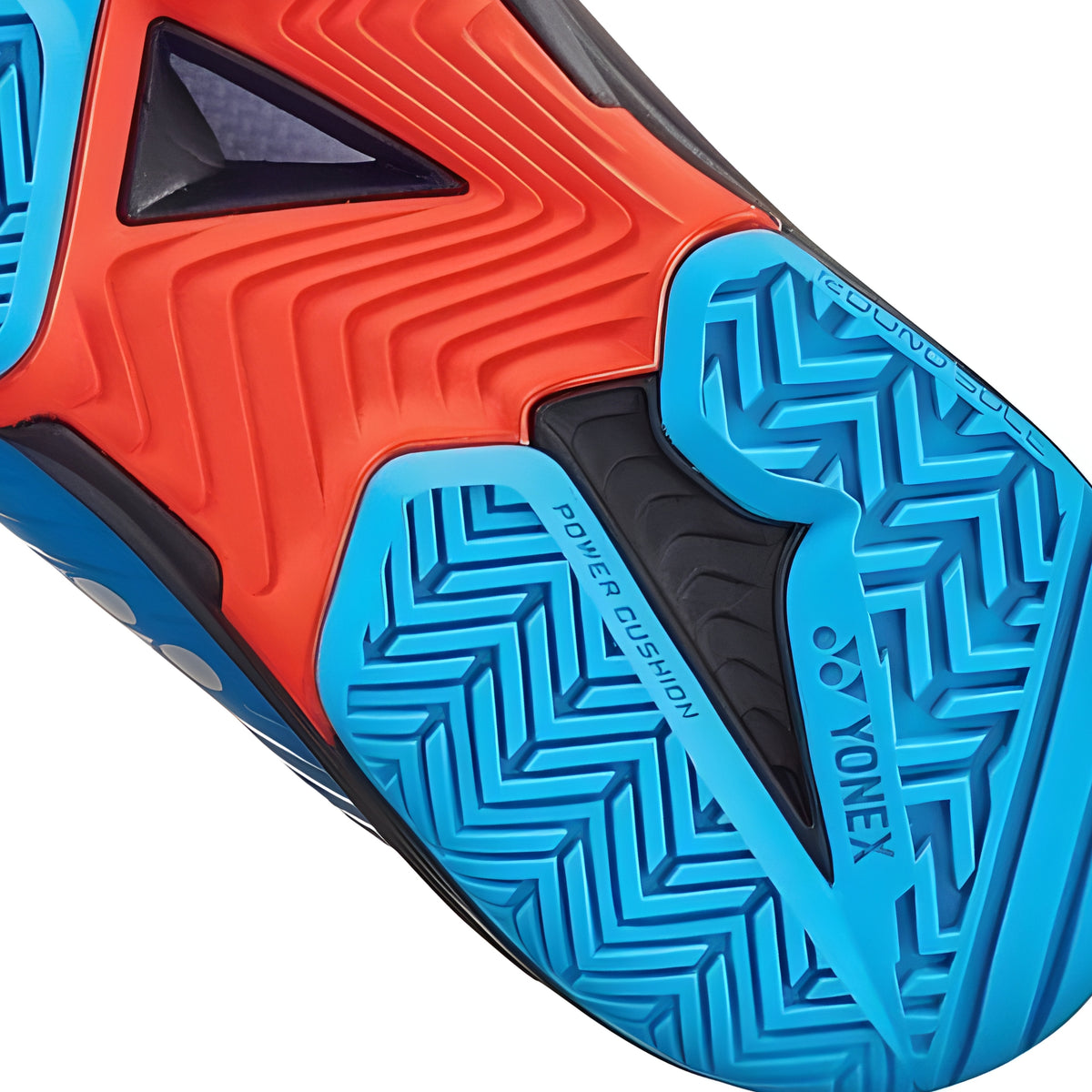 Close-up of Yonex tennis shoe sole with red and blue design