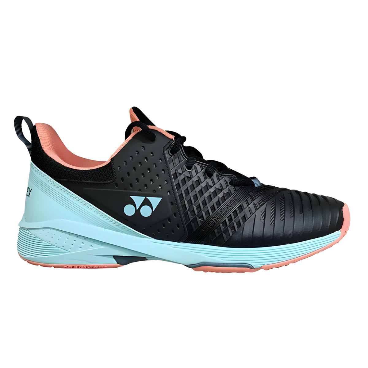 Black and blue Yonex tennis shoe with pink accents on a white background