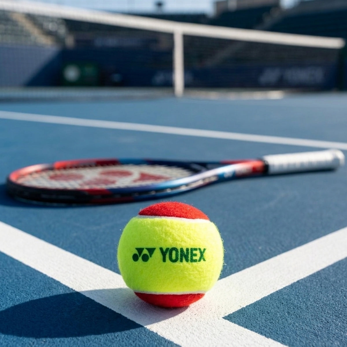 Tennis ball and racket on a tennis court with Yonex branding
