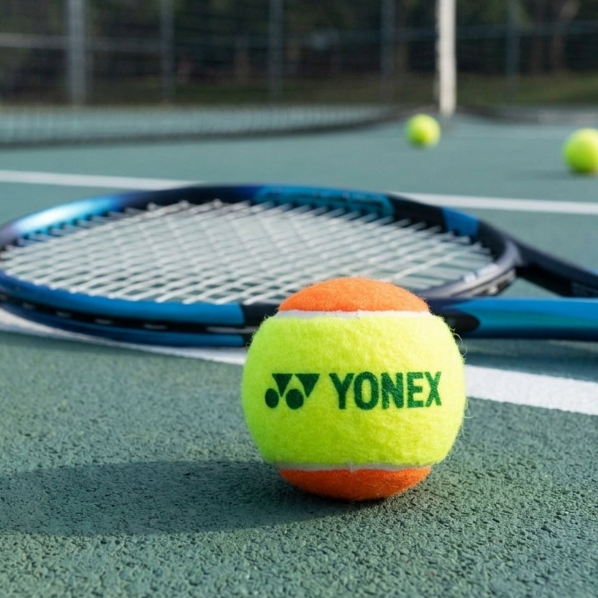 Yonex tennis ball and racket on a tennis court