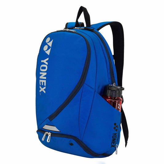 Blue Yonex backpack with a water bottle on a white background