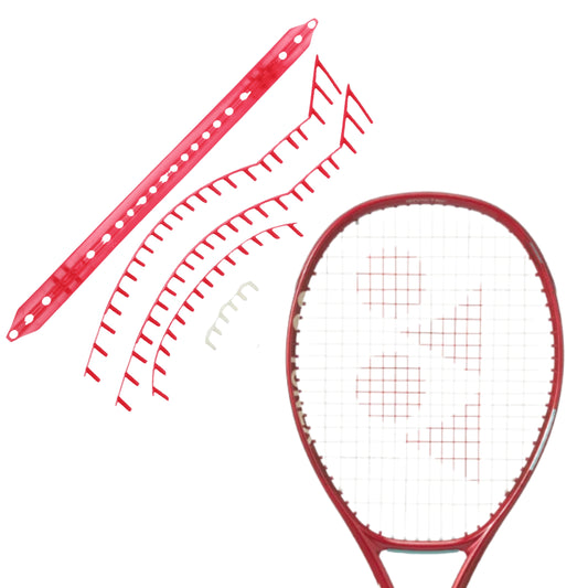 Red tennis racket with grommet set and a white background
